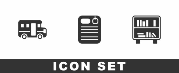 Set School Bus, Dossier folder and Shelf with books icon. Vector