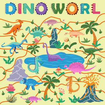 Dinosaurs world poster. cartoon dinosaurs t-rex, tyrannosaurus, pterosaur, pterodactyl, triceratops, brontosaurus