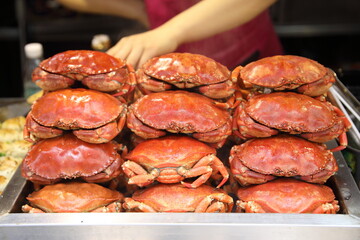 Steamed crabs sold at a market in Beijing, China