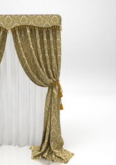 Elegant curtain with drapes, ornate fabric, isolated on white background, 3d rendering, 3d illustration