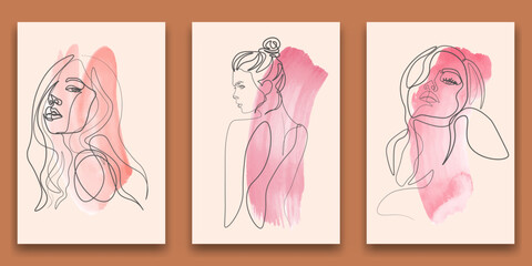 Surreal Faces Continuous line, drawing of set faces and hairstyle, fashion concept, woman beauty minimalist, vector illustration pretty sexy. Contemporary portrait