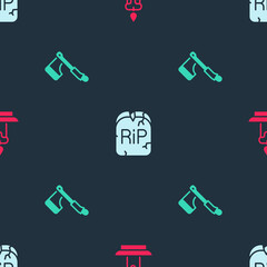 Set Burning candle, Tombstone with RIP written and Wooden axe on seamless pattern. Vector