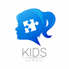 Modern Vector logotype Girl head with Puzzle inside brain in Blue Color . Logo sign of Psychology. Profile Human. Creative style. Symbol in vector. Design concept. - 456237809