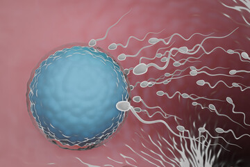 Sperm swimming towards the Ovum in a fallopian tube. 3D Illustration Rendering. - obrazy, fototapety, plakaty