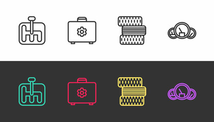 Set line Gear shifter, Toolbox, Car tire wheel and Speedometer on black and white. Vector