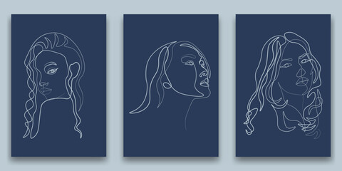 Surreal Faces Continuous line, drawing of set faces and hairstyle, fashion concept, woman beauty minimalist, vector illustration pretty sexy. Contemporary portrait