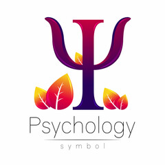 Modern Vector logo of Psychology Letter Psi with Leaves in Creative style. Logotype in vector. Design concept. Brand company. Violet color on white background.