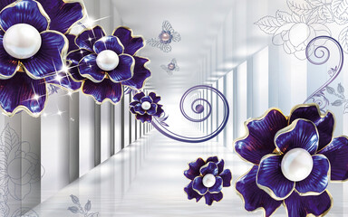 3d wallpaper blue jewelry flowers on gray tunnel background 