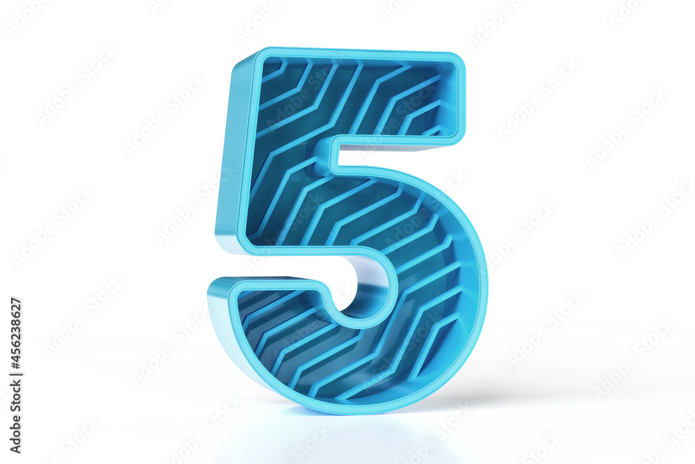 Poster metallic 3d number 5 in perspective view. blue and teal shiny tones font set. high quality 3d render