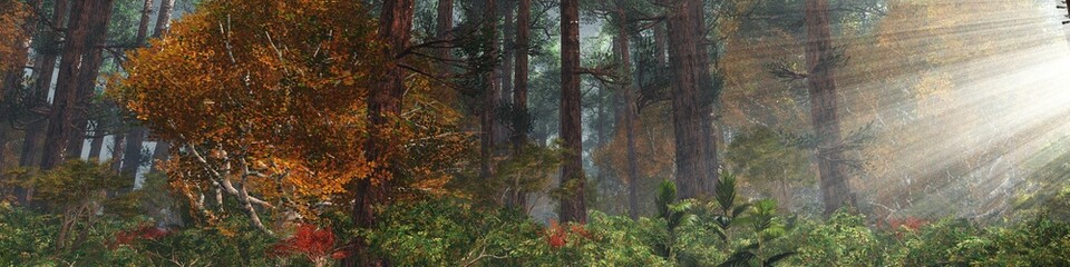 Autumn forest in the rays of light, autumn park in the rays of the sun, park in the morning in the rays of sunrise, 3D rendering