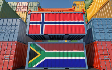 Freight containers with Norway and South Africa national flags. 3D Rendering 