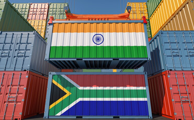 Freight containers with India and South Africa national flags. 3D Rendering 