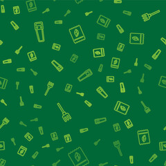 Set line Hand saw, Garden rake and Pack full of seeds of plant on seamless pattern. Vector