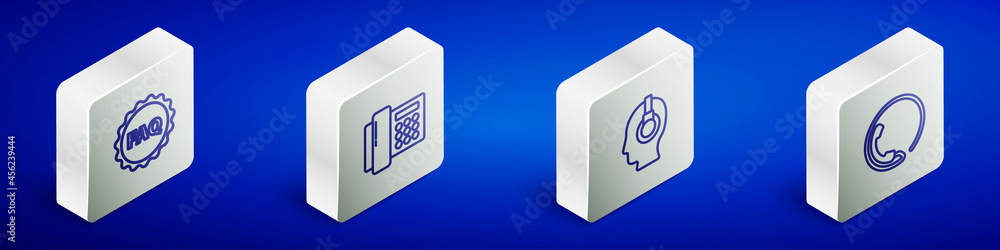 Poster set isometric line label with text faq, telephone, support operator in touch and 24 hours support ic