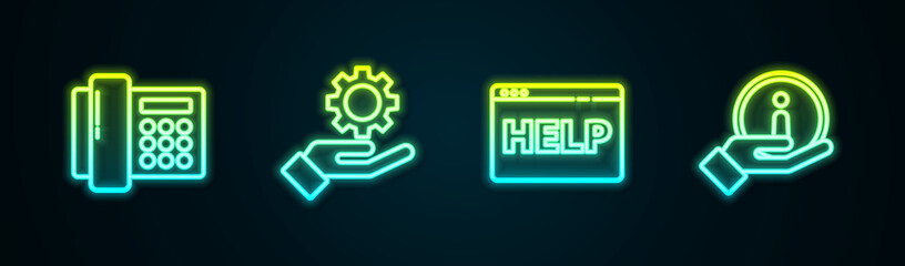 Set line Telephone, Settings in the hand, Browser help and Information. Glowing neon icon. Vector