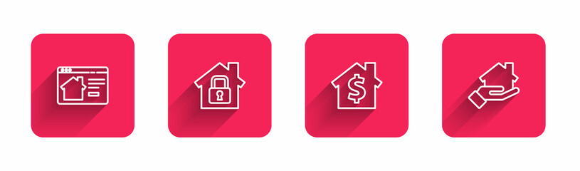 Set line Online real estate house, House under protection, with dollar symbol and Realtor with long shadow. Red square button. Vector