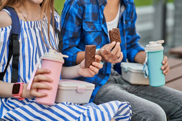 Close up picture of children lunch with pink lunchbox and blue thermos and cake