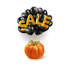 Halloween shopping and sale banner with realistic pumpkin flies away on black balloons. Sale. illustration. Copy space. High quality photo
