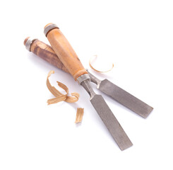 Woodworking carpenter chisel tool and wood shavings isolated on white background