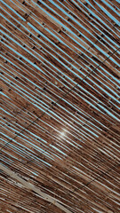 Outdoor wooden branch cover with blue sky in the background and bright sun. Minimal style and decor.