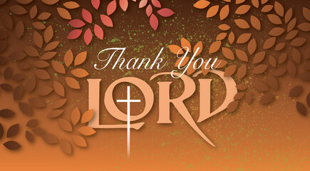 Thank you Lord stylized text and Christian cross against stylized Autumn leaf background
