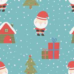 Seamless Christmas pattern with Christmas tree, snow and gifts. Christmas ornament with red and green color, vector illustration