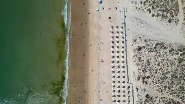 Aerial view of Manta Rota beach, Portugal, which is part of a long sweep of fine sand that arches from the frontier town of Vila Real de Santo Antonio to the Spanish border
