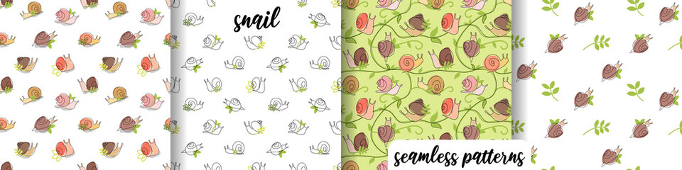 Set of seamless patterns of snails of different forms. Vector one line flat. Nature doodle concept. Cosmetic with snail mucin, print, textile, fashion, accessories, media, postcard, package, wrapping. © Liudmila