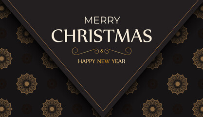 Banner Happy New Year and Merry Christmas in black color with winter pattern.