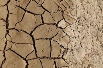 Dry and cracked dirt with some foot traces of rough hiker travelers boots