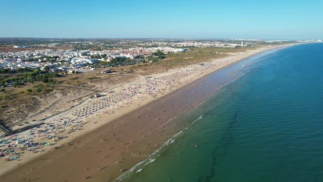 Aerial view of Manta Rota beach, Portugal, which is part of a long sweep of fine sand that arches from the frontier town of Vila Real de Santo Antonio to the Spanish border
