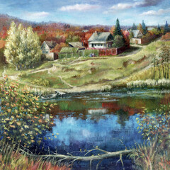 October in the village. Autumn rural landscape with a view of the lake. Handmade.