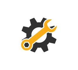 Service tool icon. This isolated flat gear symbol uses modern corporation light blue and gray colors.