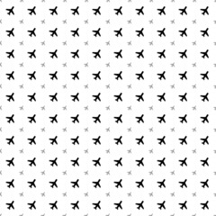 Square seamless background pattern from black plane symbols are different sizes and opacity. The pattern is evenly filled. Vector illustration on white background