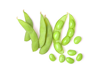 Soybeans, edamame beans on white background.