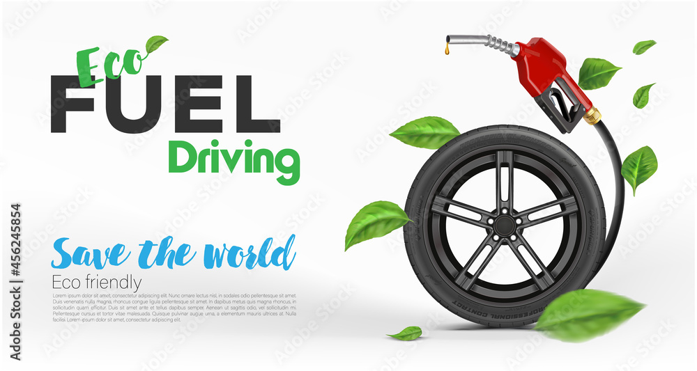 Wall mural car wheel with fuel and green leaves nozzle isolated on white background. green energy concept. envi