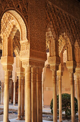 Arabic architecture. Courtyard of the Lions (Patio de los Leones) in Alhambra Palace of Granada. World Heritage Site by Unesco. Andalusia, Spain. Al Andalus architecture