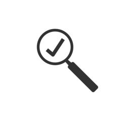 Check mark with magnifying glass icon in flat style. Loupe accept vector illustration on white isolated background. Search checklist business concept.