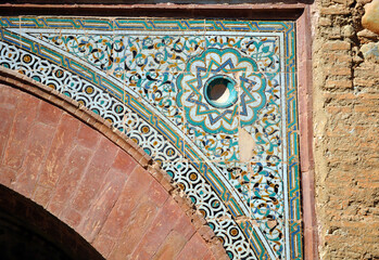 Al Andalus architecture. Arabic architecture. Azulejos tiles of the Wine Gate (Puerta del Vino) in...