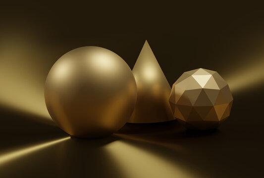 Abstract 3D Geometric Shapes in Gold Sphere, Cone and ico sphere