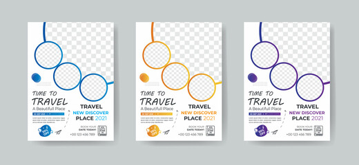Travel flyer template design with contact and venue details. Summer travel agency promotion template design