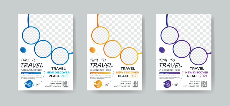 Travel flyer template design with contact and venue details. Summer travel agency promotion template design