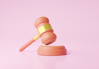 Minimal brown gavel icon on pink background. Judge arbitrate courthouse concept. judgement Hammer. 3D render. illustration - obrazy, fototapety, plakaty