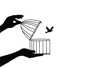 Bird Flying Out of Cage for freedom vector illustration, Freedom Concept, a bird flying out of the cage, bird In cage Set Free, Freedom, hope and set free concept.