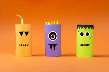 Halloween DIY and kids creativity. Eco-friendly reuse recycle from toilet roll tube. Children Paper...