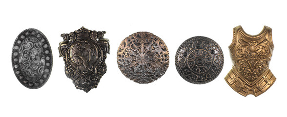 collection of ancient shields isolated on white background