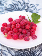 Plate with wild raspberries on a table outdoors