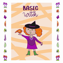 Happy Halloween! Vector cute illustration of a witch preparing a potion; witch with cat; oher wiches and a set of objects. Drawings for card, poster or background.