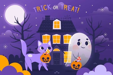 hand drawn happy halloween background with ghost cat