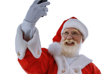 Emotional senior male model old man with a natural white beard in the role of Father Christmas